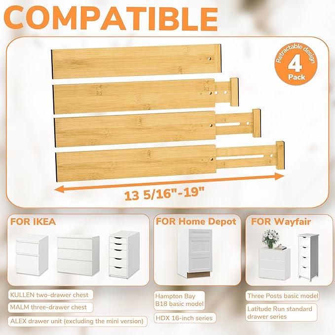 BAMEOS Drawer Divider,Expandable Bamboo Separators Adjustable Utensil Knife Fork Tool Kitchen Organizer, Clothes Fabric Drawer Organizer In Bathroom Bedroom Office, Cabinet Dresser Organizer 4-pack
