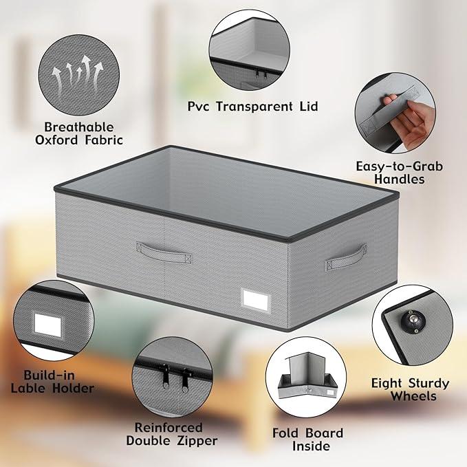 Under Bed Storage with Wheels, No Assemble Required 10 inches height Under Bed Storage bins,Large capacity Rolling Under bed Shoe Storage containers，dorm under bed storage drawers