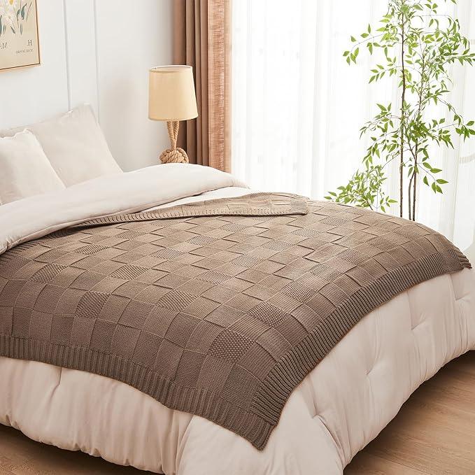 CozeCube Check Knit Throw Blanket, Light Brown Checkered Throw for Couch, Decorative Christmas Soft Cozy Warm Knitted Blanket for Bed Sofa Living Room, 60