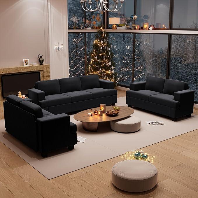 3 Pieces Corduroy Couch Set for Living Room, 7 Seats Cloud Sofa, Deep Seat Floor Couch for Bedroom, Futon Modern Sofa Sectional Bed, Black Corduroy