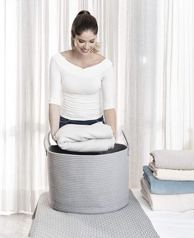 OrganiHaus Woven Laundry Basket, Large Cotton Rope Blanket Holder with Handles, Soft & Sturdy Nursery Hamper, Decorative Toy Bin for Living Room Organization 20x13 inches - Gray
