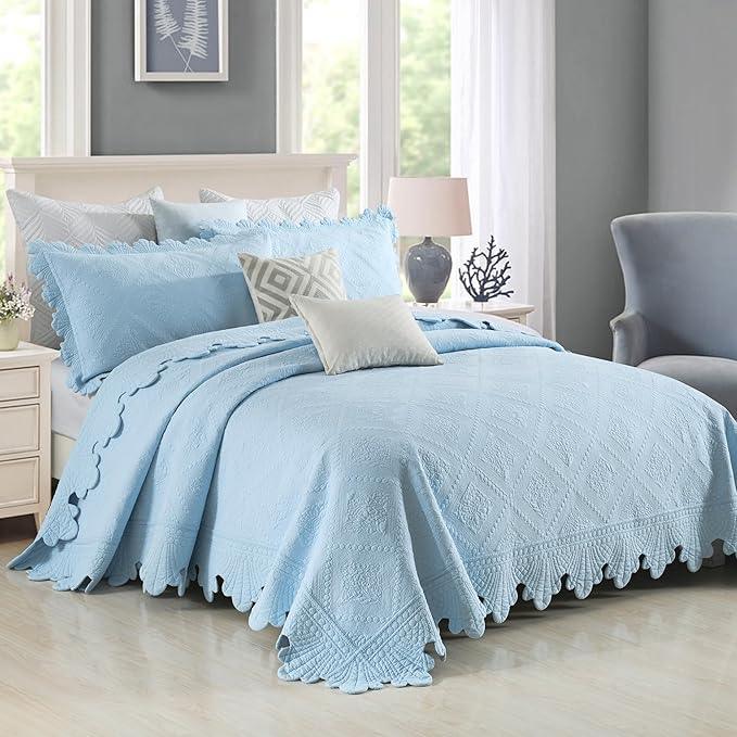 MarCielo 3-Piece 100% Cotton Oversized Bedspread Lightweight Quilt Coverlet Embroidery Farmhouse Bedding Set (TK Light Blue, Oversized King (118
