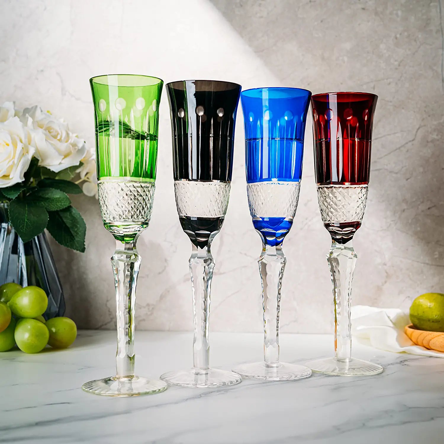 The Wine Savant Crystal Italian Multicolor Design Flutes - 4 Set - 5oz 9