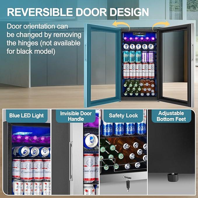 Beverage Refrigerator Cooler, 128 Cans Mini Fridge Glass Door for Drink Beer Soda Wine, 3.2 Cu.Ft Small Fridge for Kitchen Bedroom Office Bar, with 4 Adjustable Removable Shelves, Stainless Steel