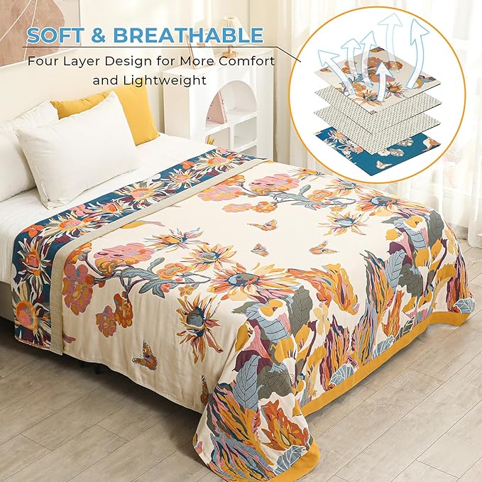 Boho Throw Blanket for Bed,100% Cotton Breathable Muslin Soft Throw, Fall Bed Throw Blanket Floral Bird Butterfly Printed Decor Large Blankets,80