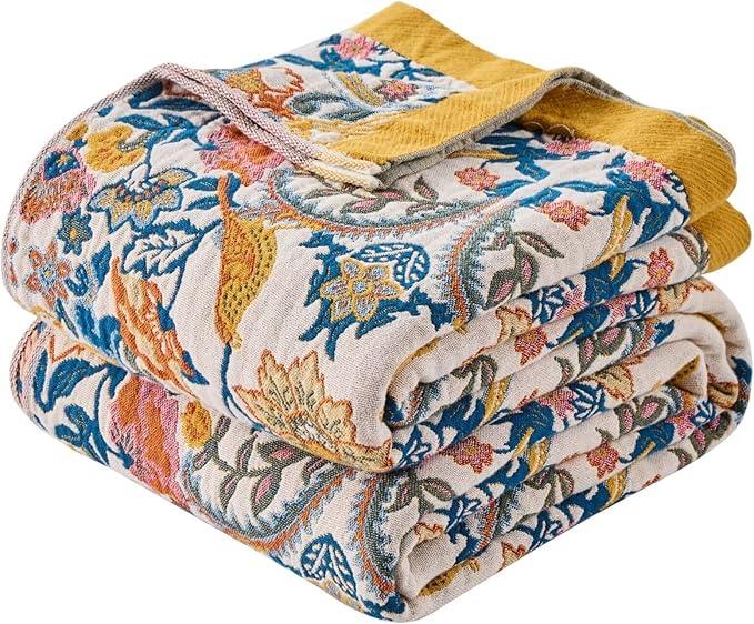 Boho Throw Blanket for Bed Couch 100% Cotton Woven Bed Throws for Summer, Lightweight and Soft Cozy Farmhouse Reversible Muslin Decorative Blanket for Travel Picnic, Teal/Cream, 80