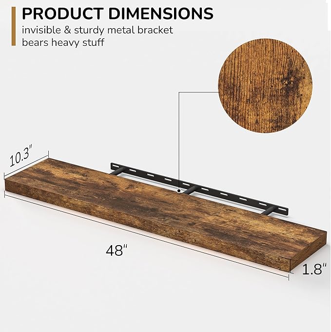 Floating Shelves - 10.23 Inch Deep Wall Shelf for Decor & Storage - Wall Mounted Display Shelving with Invisible Heavy-Duty Metal Bracket - 48