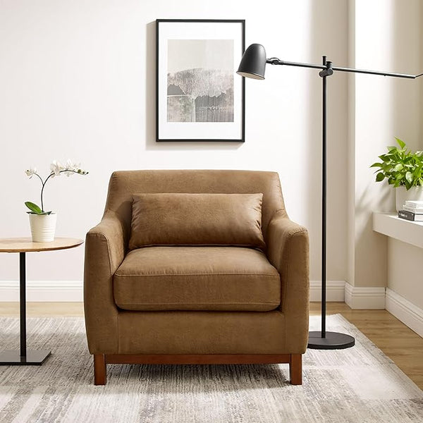 Extra Deep Accent Chair, Comfy Fabric Armchair with Wood Base, Upholstered Single Sofa Chair for Living Room & Bedroom, Faux Leather Brown