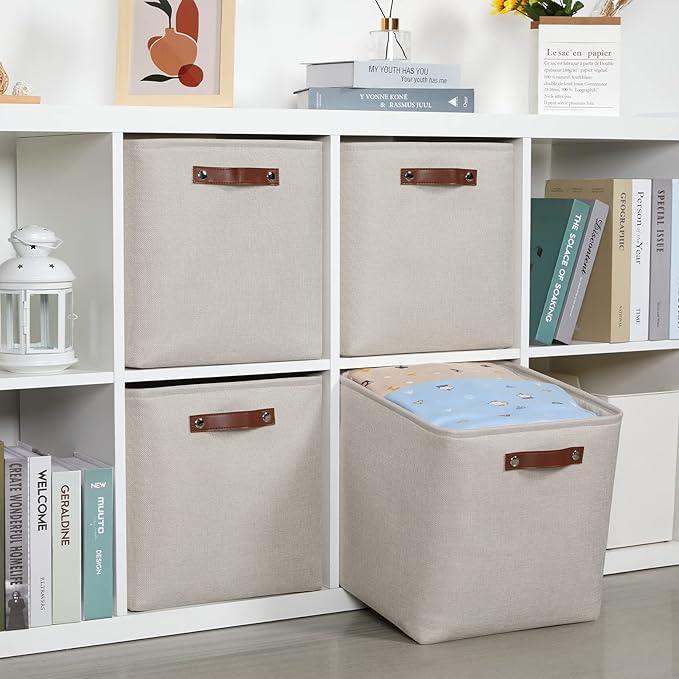 DULLEMELO Storage Bins, 4 Pack Of 13x13x13 Decorative Storage Cube Bins Suit Office, Home, Shelves And Closet, Cube Storage Bin with Leather handle(4 Pack - 13