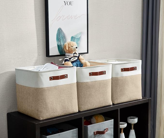 DECOMOMO Storage Cubes, 11x11 Cube Storage Bins, Baskets for Shelves (Beige & White, Cube 11