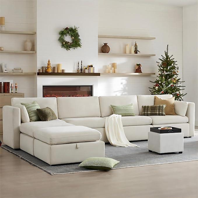 CHITA Oversized Modular Sectional Fabric Sofa Set, FSC Certified Extra Large U Shaped Couch Reversible Chaise Modular Sectional Couch, 146 inch Width, 6 Seat Modular Sofa with Storage Ottomans, Linen