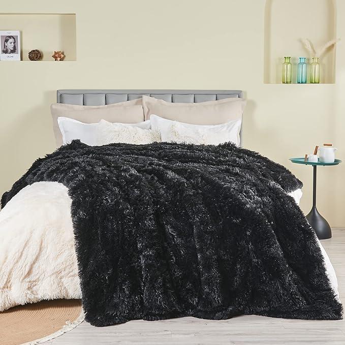 GONAAP Fuzzy Faux Fur Throw Blanket Queen Size Black Super Soft Cozy Plush Fuzzy Shaggy Blanket for Couch Sofa Bed (Black, Queen(90