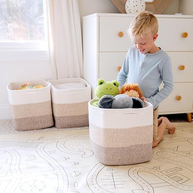 NaturalCozy 13x15x13 Kallax Storage Cubes Bins, 3 Pack | Cotton Rope Cube Storage Bin Woven Baskets for Organizing | Kallax Insert Storage Baskets for Shelves Organizer, Kids Toy, Closet Baby Nursery