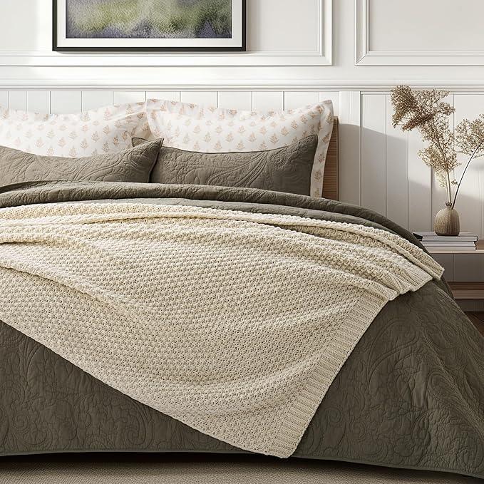 Chunky Chenille Knit Throw Blanket for Couch, Soft Luxurious Moss Stitch Blankets for Bed, Cozy Decorative Farmhouse Knitted Throws for Sofa, Beige, 60