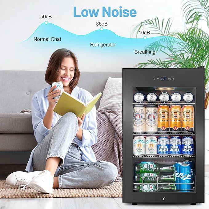 Beverage Refrigerator Cooler, 17 Inch 120 Cans Freestanding Mini Fridge with Glass Door, Adjustable Shelves and LED Light, Small Drink Fridge Counter-top Beer Fridge for Bedroom Office Bar