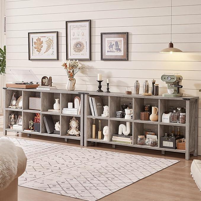 8 Cube Book Shelf, Farmhouse Wood Long Storage Organizer Bookcase, 62
