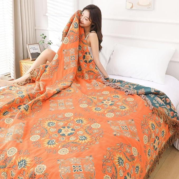 Boho Throw Blanket for Bed - 100% Pure Cotton Ultra Soft Rustic Quilt - Farmhouse Decor Bed Blankets, All Season Rustic Throw for Sofa Couch Chair(80''x 90'', Boho)