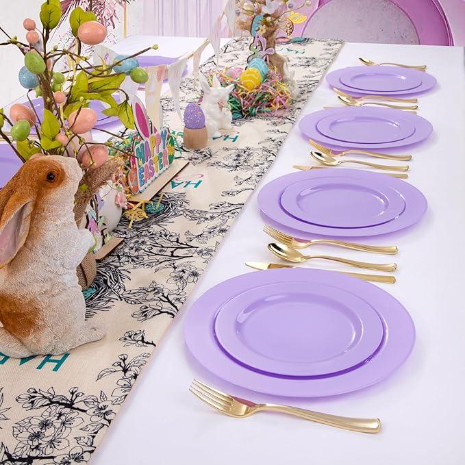 FLOWERCAT 60PCS Purple Plates - Heavy Duty Purple Plastic Plates Disposable for Easter Party/Wedding - Include 30PCS 10.25