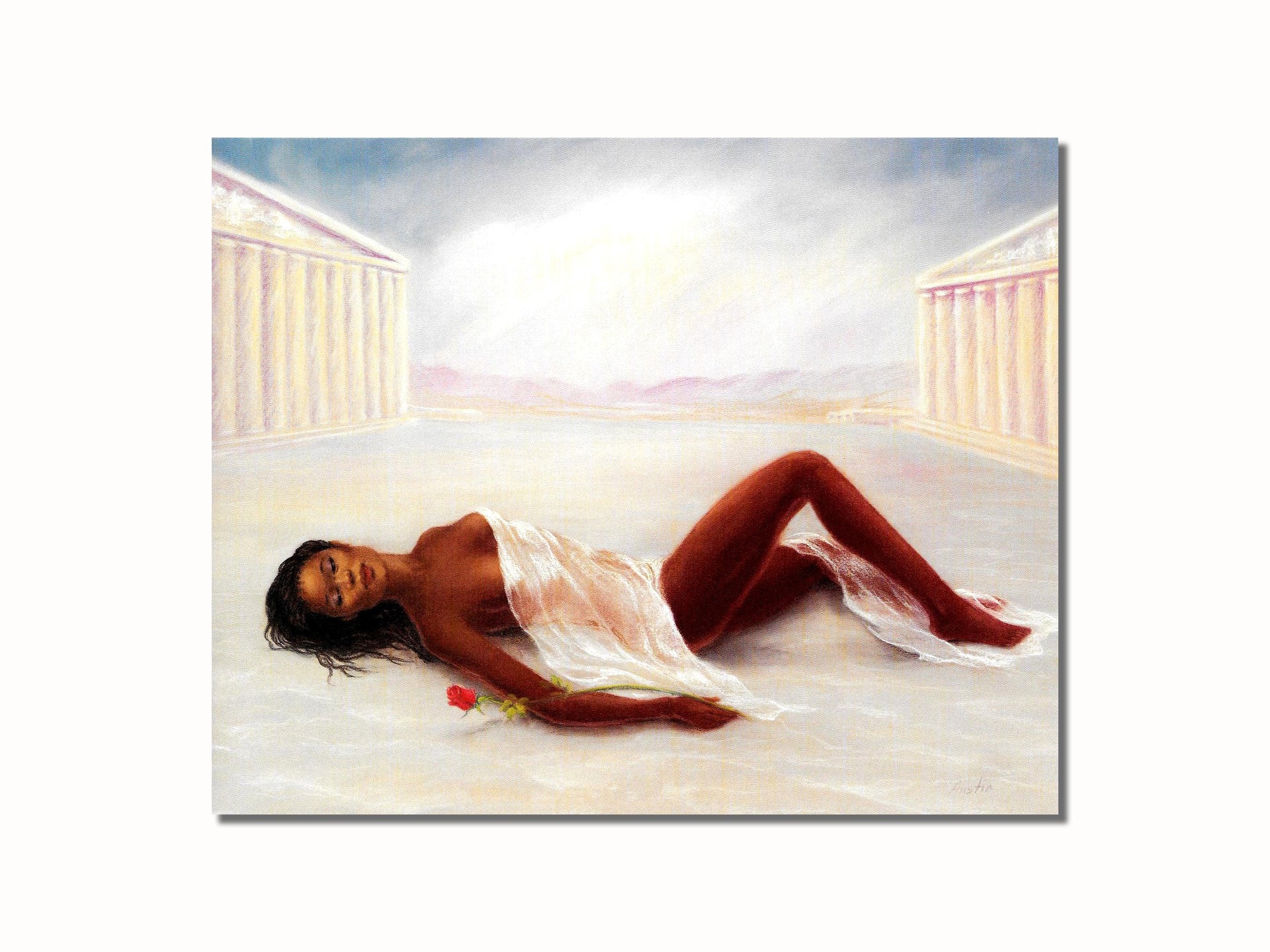 African American Angel Art - 8x10 Black Angel Print with Rose Between Greek Buildings
