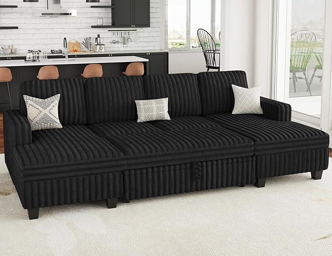 Belffin Modular Sectional Sleeper Sofa with Pull Out Couch Bed Corduroy Double Chaise with Storage Black Couch