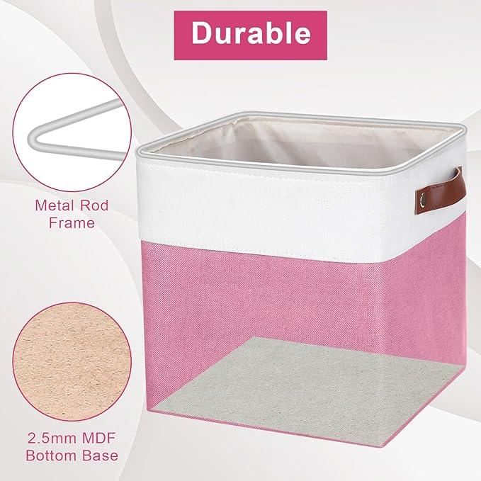 Collapsible Fabric Storage Cubes 11x11 Cube Storage Bins, 4 Pack Closet Baskets Box with Handles for Organizing, Shelf, Toys, Clothes, Home, Office, Nursery (Pink&White)