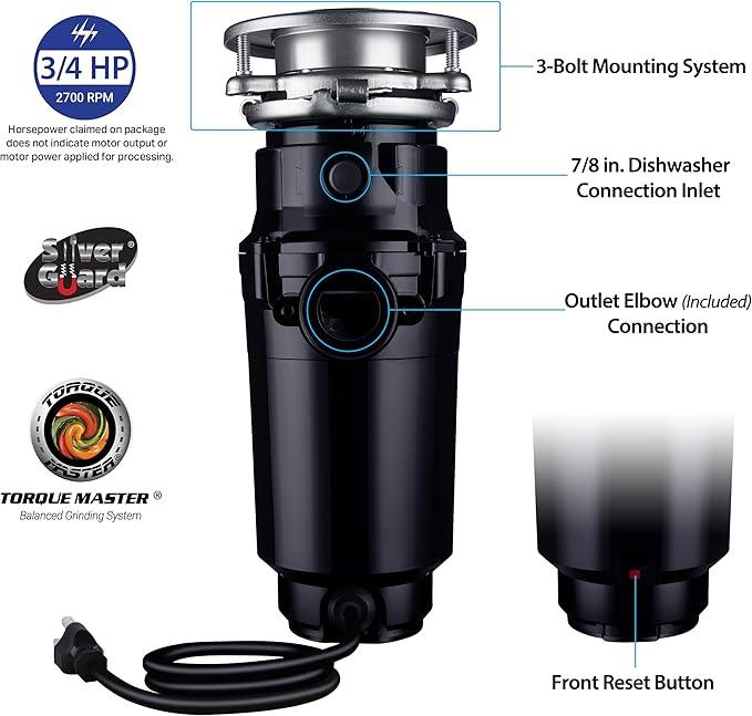 Waste Maid 10-US-WM-458-SL-3B Garbage Disposal Anti-Jam Stainless Steel Food Waste Grinding System, 3/4 HP Slim Line, Black