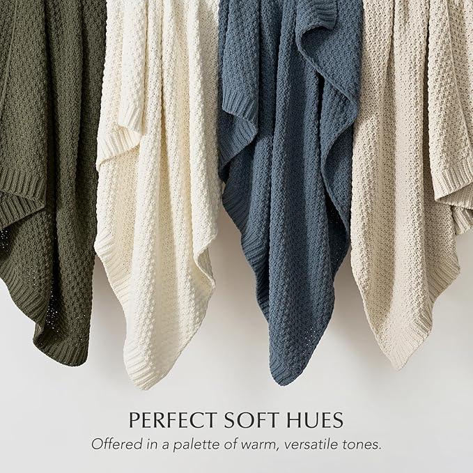 Chunky Chenille Knit Throw Blanket for Couch, Soft Luxurious Moss Stitch Blankets for Bed, Cozy Decorative Farmhouse Knitted Throws for Sofa, Stormy Blue, 60