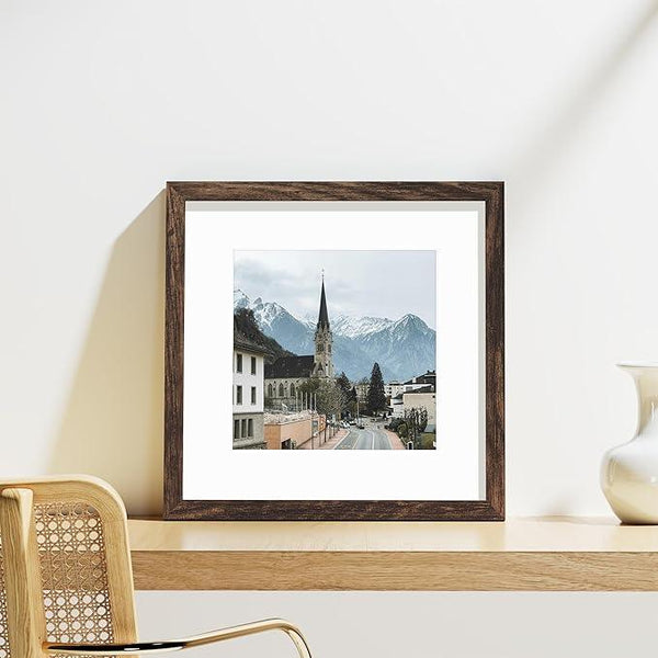 Vittanly 12x12 Picture Frames Set of 9, Shatter Resistant Plexiglass, Display 8x8 Pictures with Mat or 12x12 without Mat, Photo Frames for Wall Mount, Engineered Wood, Brown