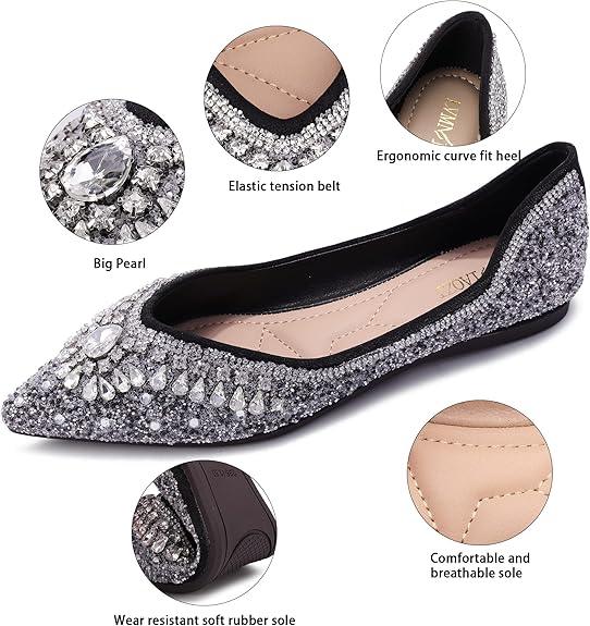 Women Rhinestone Sequin Wedding Pointed Toe Dress Flat Shoes