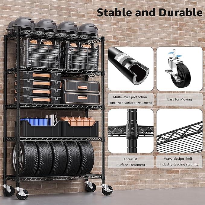 5-Shelf Storage Shelves,Wire Shelving Heavy Duty Metal Storage Shelving Unit Adjustable Garage Shelving Rack Pantry Kitchen (Black, 5 Tier,17.7