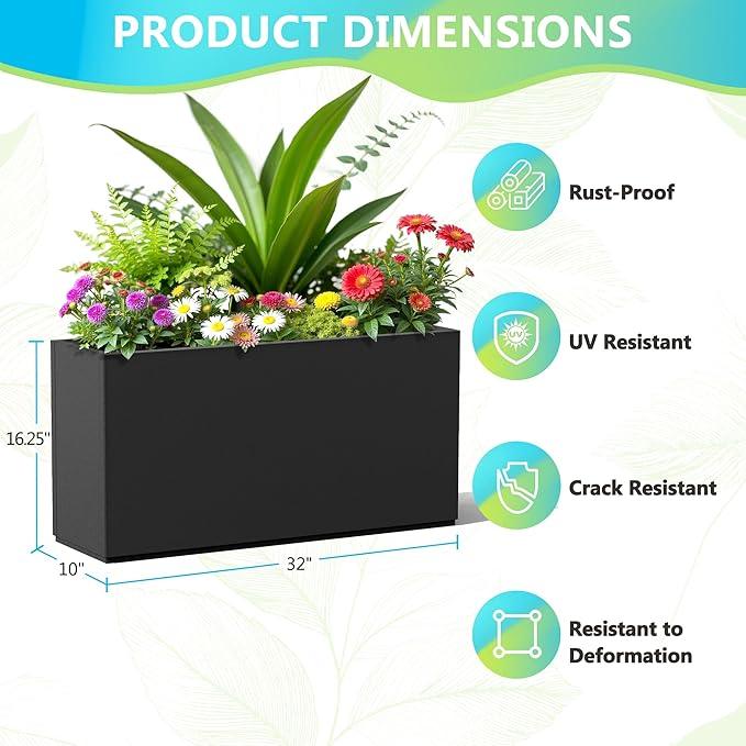 FENCY Metal Rectangular Planter Box, Large Planters for Outdoor Plants, Tall Planters for Outdoor Plants with Drainage Holes (32