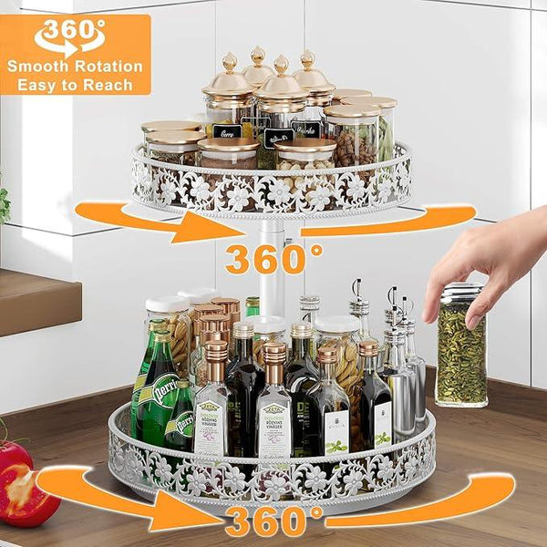2 Tier Lazy Susan Organizer Turntable Adjustable,12 Inch Two Tier Lazy Susan Metal Easy Assembly Cleaning, Rotating Spice Rack Organizer for Cabinet Dining Table Kitchen Countertop White