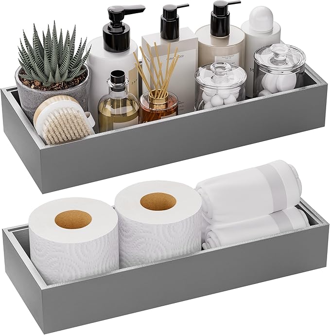 Kitchen Drawer Organizer Bins, Stackable Bamboo Drawer Organizer for Silverware, 2 Pcs Toilet Paper Basket Holder, Wood Bathroom Tray Countertop, Toilet Tank Tray Silver 15