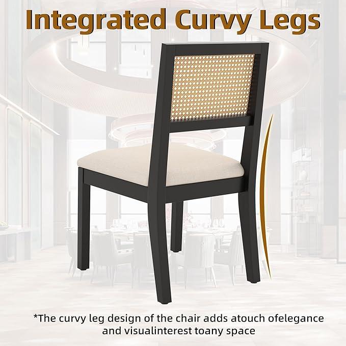 Westice Rattan Dining Chairs Set of 4, Farmhouse Natural Dining Room Chairs with Upholstered Cushion, Wood Armless Chairs for Kitchen/Restaurant, Black