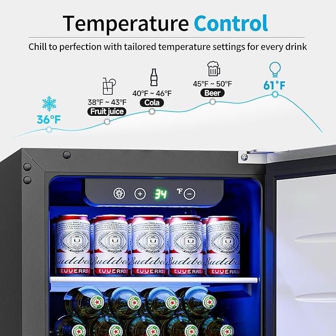 15 Inch Undercounter Beverage Refrigerator - 126 Cans Beverage Fridge with Stainless Steel Door for Beer Wine Soda - Built-in or Freestanding Wine Cooler for Home Kitchen Bar