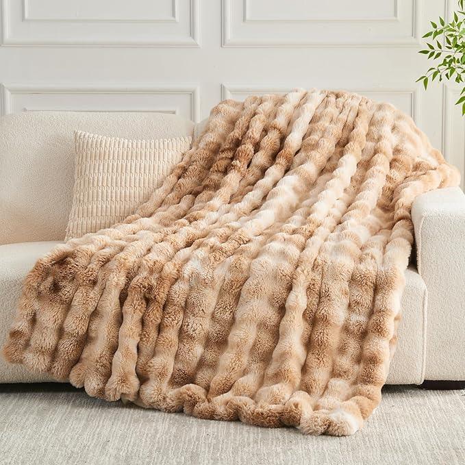 NEWCOSPLAY Faux Fur Throw Blanket Tie-dye Beige Luxury Fluffy Thick Warm Bubble Blanket for Couch Sofa Bed 700GSM (Tie-dye Beige, Throw(50