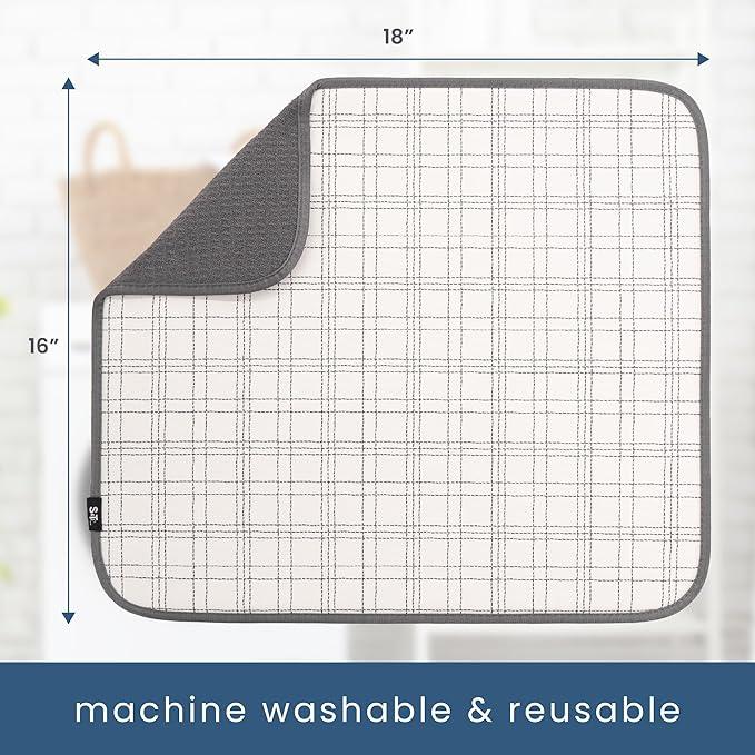 S&T INC. Dish Drying Mat, 16” x 18”, Absorbent Microfiber Kitchen Counter Mat, Dish Drying Pad for Dishes, Utensils, Pots and Pans, Large, Stitched Plaid
