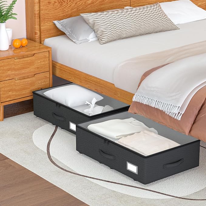 Underbed Storage Bins with Wheels, No Assembly Required - 7.5 inch height Black Large Capacity Rolling Underbed Containers for Shoes, Dorm under bed storage drawers