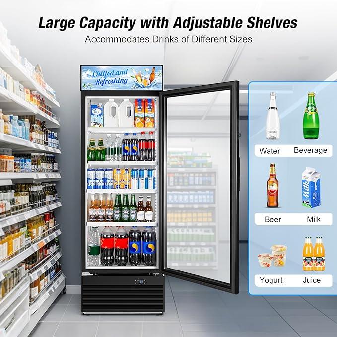 Commercial Beverage Refrigerator, 24 Inch Beverage Fridge, 15 Cu. Ft. Drink Fridge, Display Refrigerator Glass Door, Commercial Display Fridge with Customizable Light Box for Shops, Restaurants, Bars