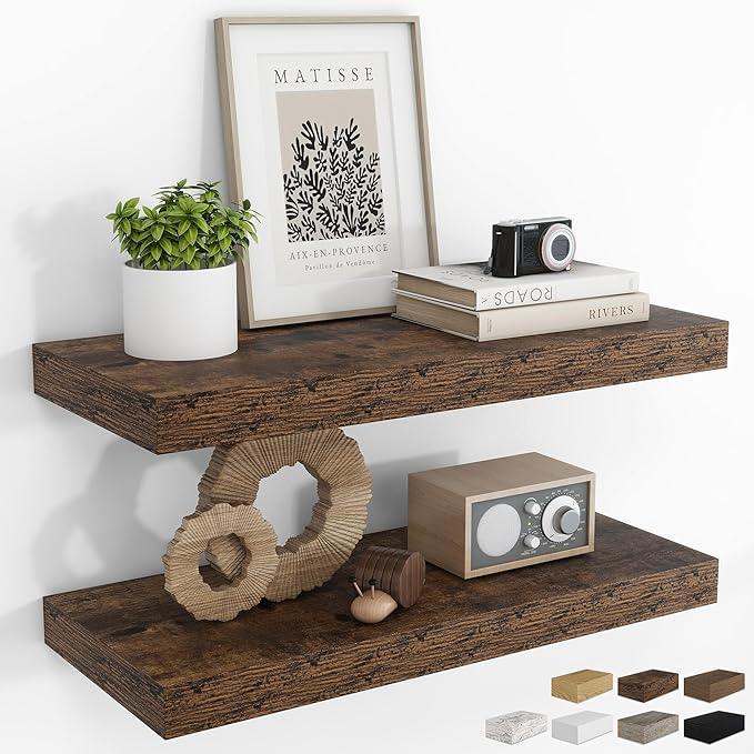 RICHFOCUS 24Inch Floating Shelves for Wall 2 Pack Shelves for Bedroom|Kitchen|Bathroom Wall Mounted Rustic Wood Floating Shelf with Invisible Brackets for Books|Storage|Decor, Rustic Brown