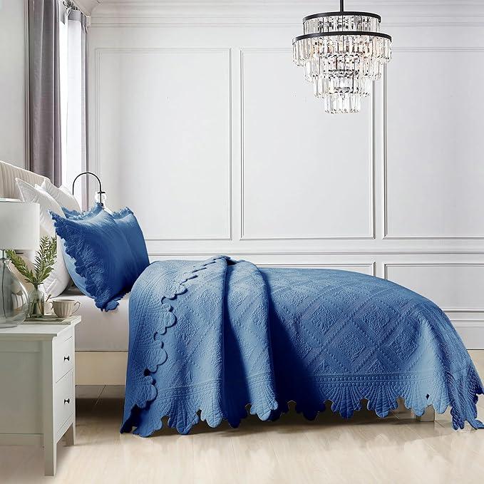 MarCielo 3-Piece 100% Cotton Oversized Bedspread Lightweight Quilt Coverlet Embroidery Farmhouse Bedding Set (Tk Midtone Blue, Oversized Queen (100