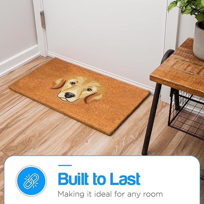 PLUS Haven Coco Coir Door Mat with Heavy Duty Backing, Natural Welcome Bull Dog Doormat, 17.5”x 30” for Entrance, Front Porch, Easy to Clean Entry Mat, Outdoor and Indoor Uses