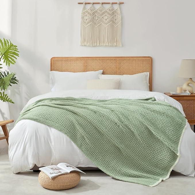 Snuggle Sac Sage Green Waffle Throw Blanket for Couch Bed Sofa 60x80 inches, Reversible Sage Green Blanket Microfiber Fluffy Fuzzy Cozy Knit Twin Blanket for Women Mothers Birthday Gifts