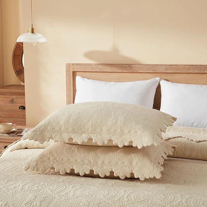 MarCielo 3-Piece 100% Cotton Oversized Bedspread Lightweight Quilt Coverlet Embroidery Farmhouse Bedding Set(TL Beige,Oversized Queen (100