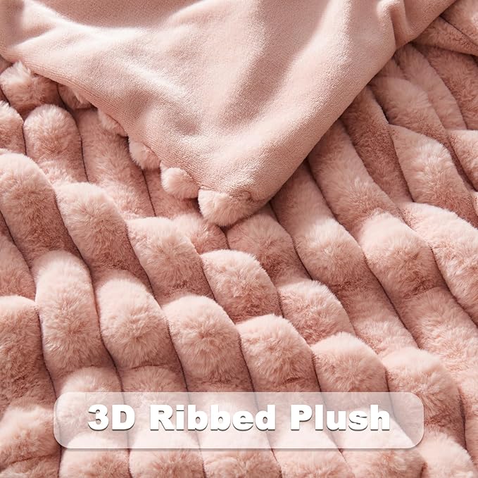 NEWCOSPLAY Faux Fur Throw Blanket Pink 3D Ribbed Plush Thick Warm Blanket for Couch Sofa Bed 850GSM (Pink Ribbed, Throw(50