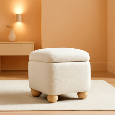 Ivory Luxurious Storage Bouclé Ottoman Wooden Legs