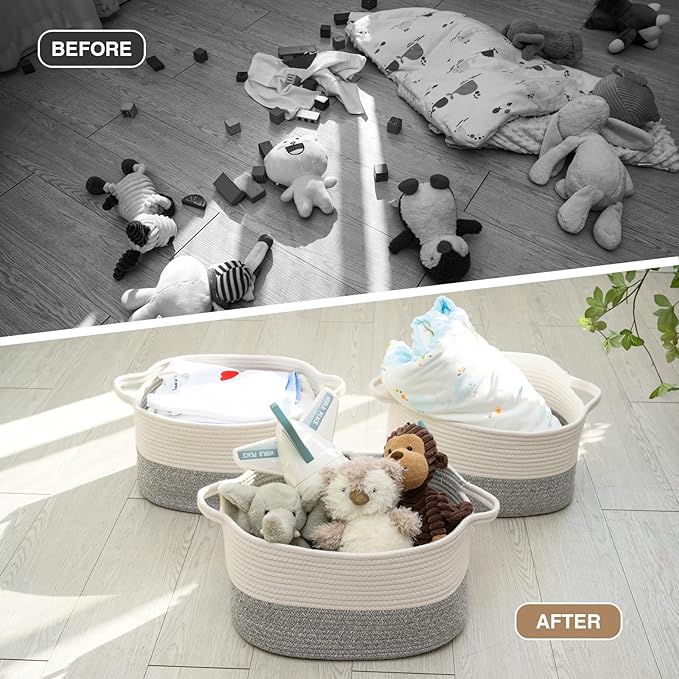 Cotton Rope Woven Storage Basket, Used for Baby Hamper Toy Organizer, Gift Baskets Empty,Kids Laundry Basket,Baby Blanket Basket. Size 15x10x8.7 Inches. (White&Grey-3PCS)