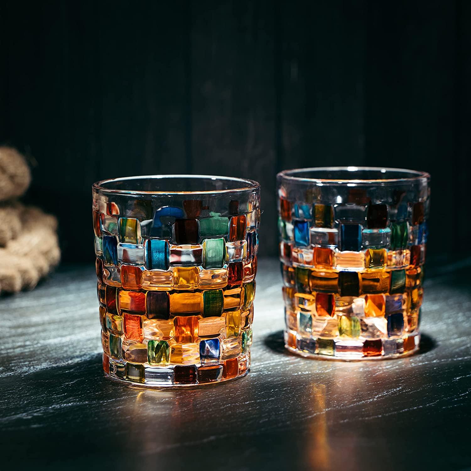 The Wine Savant Artisanal Hand Painted Stained Glass Window Whiskey Tumblers 10oz Set of 2 Renaissance Romantic Rainbow Colored Drinking Glasses - Gift Idea for Her, Home Bar, Weddings 4