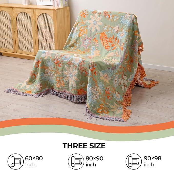 Boho Fall Throw Blanket for Bed，100% Ultra Cotton Soft Breathable Bed Throw Floral Printed Farmhouse Decor Rustic Bed Throws for Couch Sofa Quilt 60