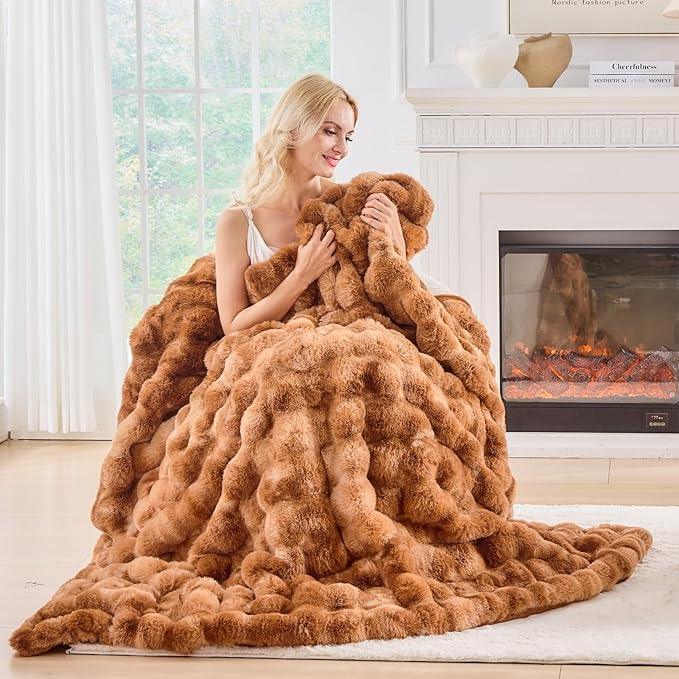 BENVWE Faux Fur Throw Blanket for Couch - Fluffy Soft Thick Bubble Blanket for Living Room Home Decor - Fathers Day Birthday Gifts for Women Men, Tie-dye Caramel, 50